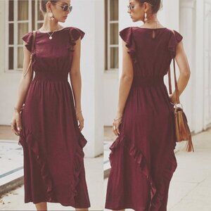 Bohemian Outsider Ruffled Midi Dress Animal Print Bordeaux S
